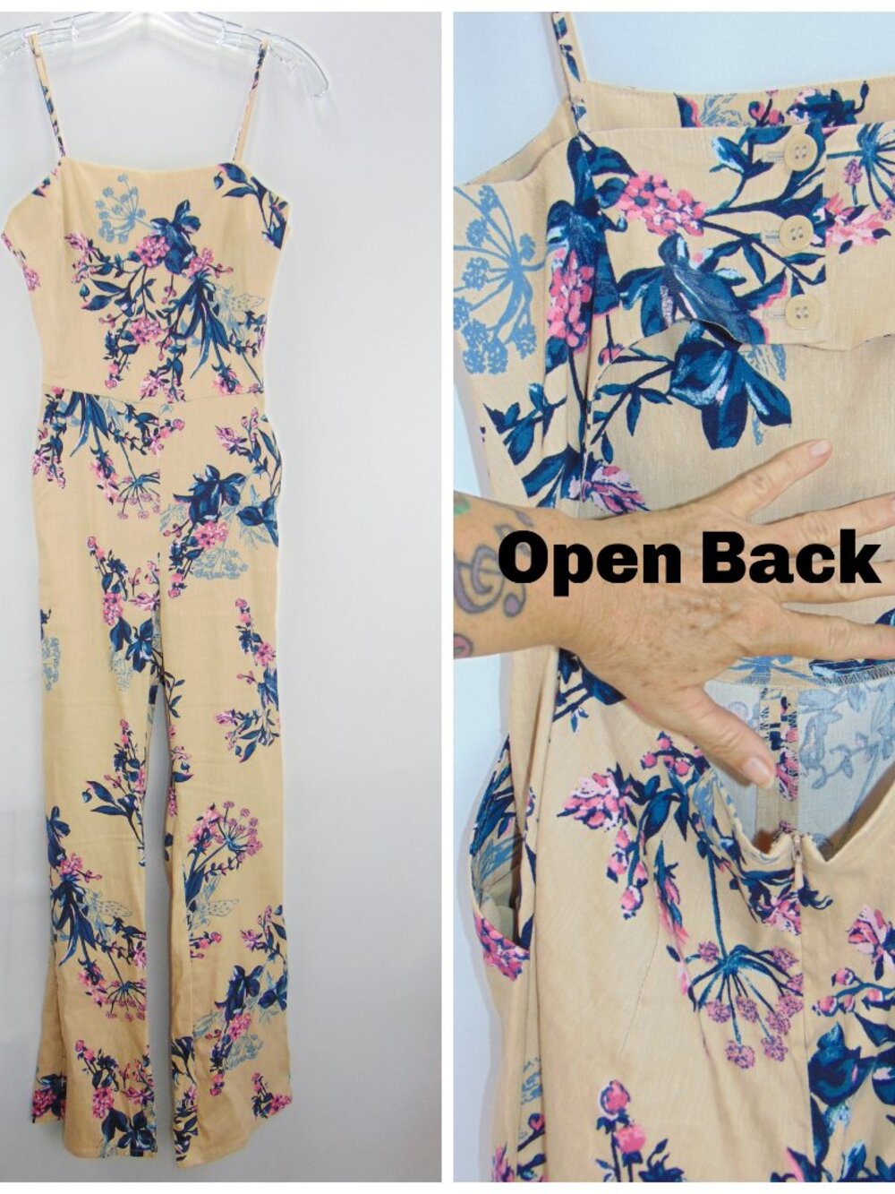 Anthropologies LEITH Beige Jumper Romper One Piece Pants Suit Floral Open Back S